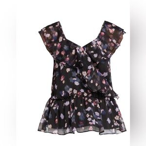 TIME & TRU RUFFLE WRAP CHIFFON SWIRLING FLORAL BLACK BLOUSE TOP NEW